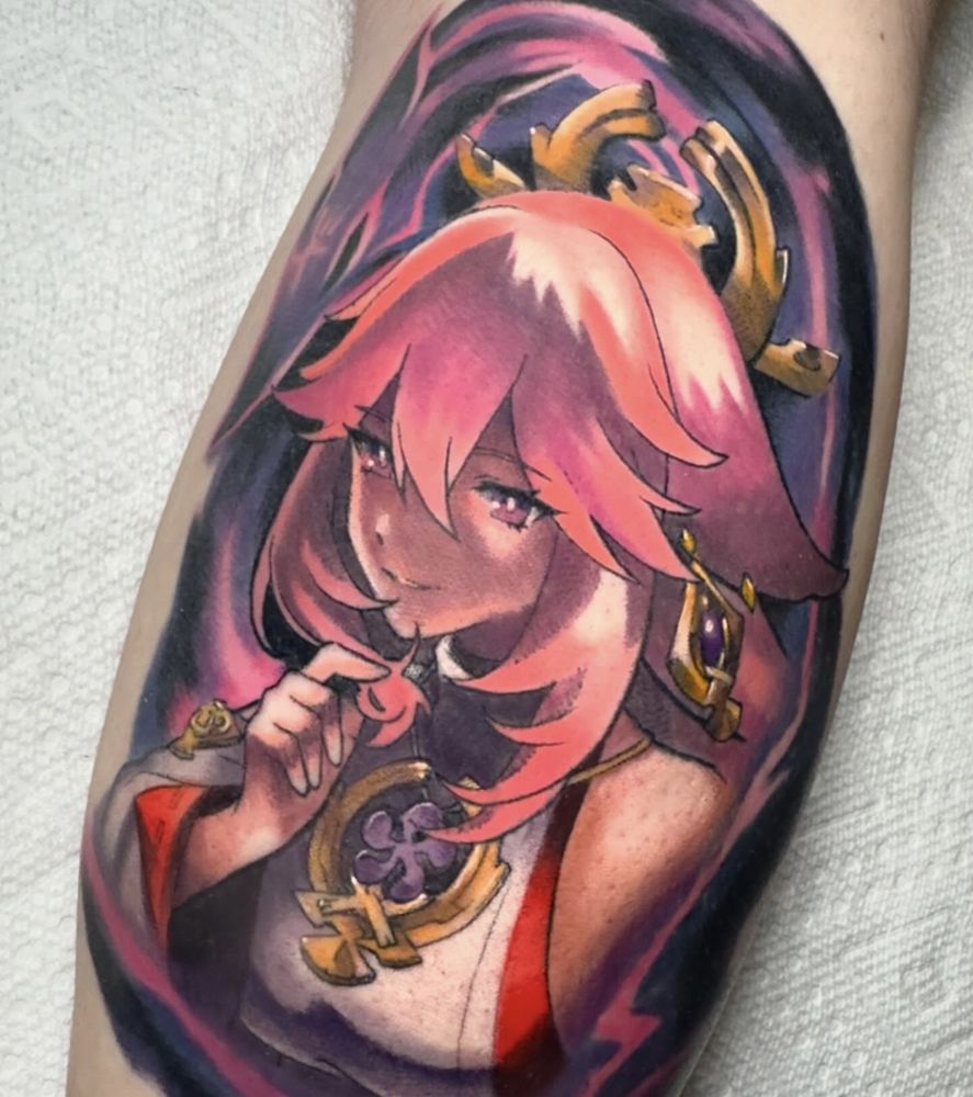Healed color anime tattoo of Yae Miko from Genshin Impact on a forearm, Dallas tattoo artist