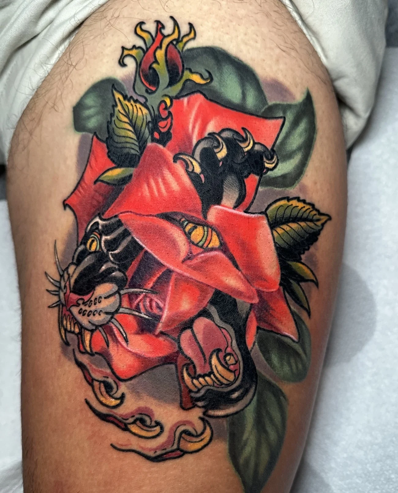 American Traditional Panther Rose Morph Tattoo
